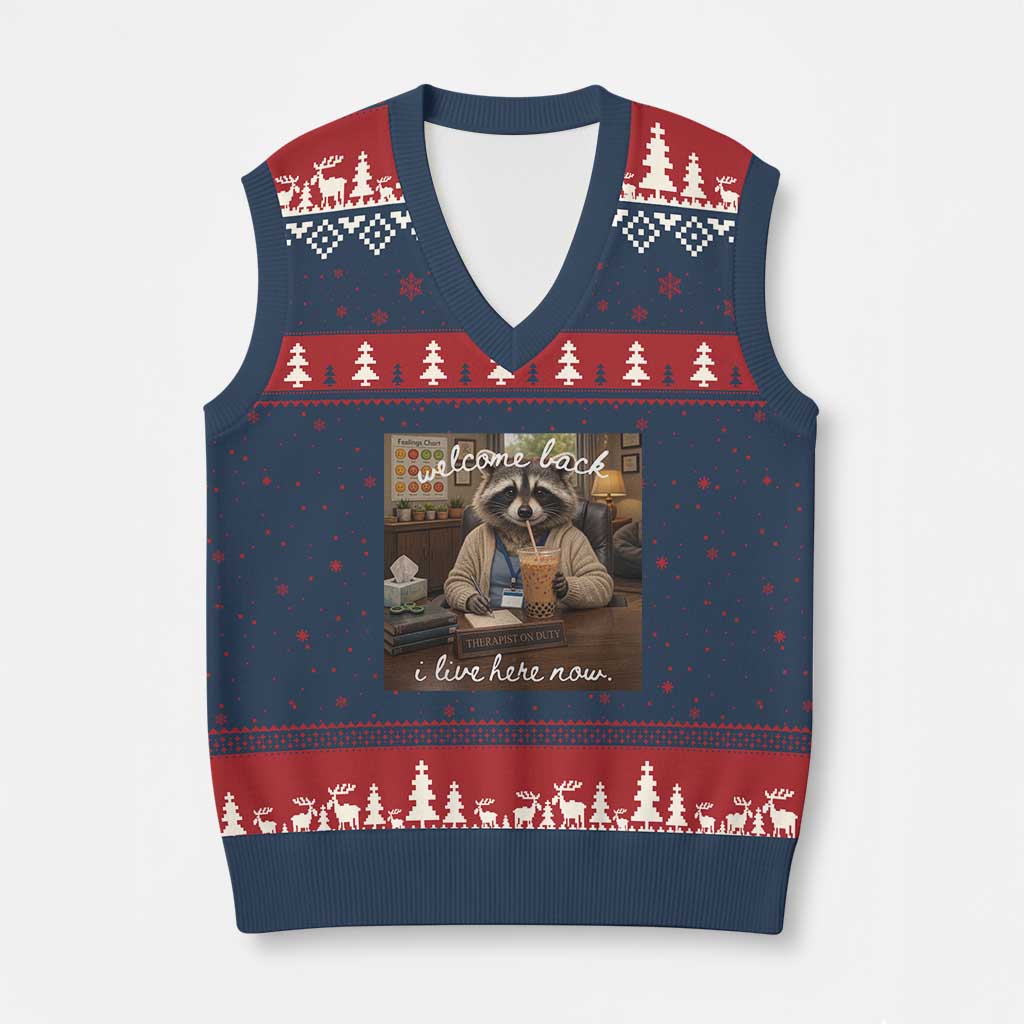 Funny School Therapist Raccoon Drinking Iced Coffee V-Neck Knit Sweater Vest