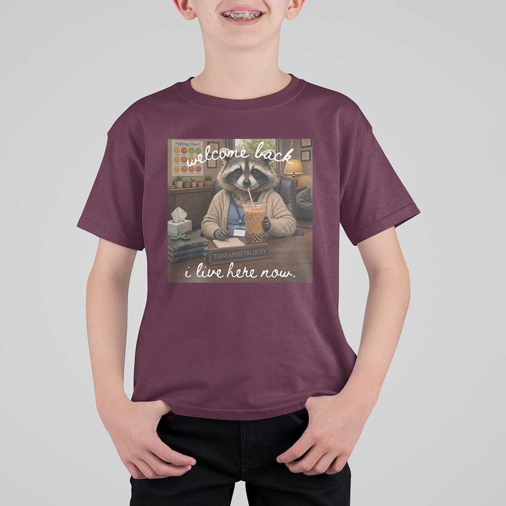 Funny School Therapist Raccoon Drinking Iced Coffee T Shirt For Kid