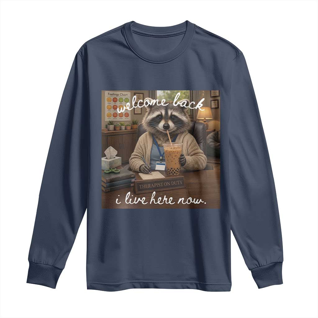 Funny School Therapist Raccoon Drinking Iced Coffee Long Sleeve Shirt