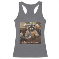 Funny School Therapist Raccoon Drinking Iced Coffee Racerback Tank Top