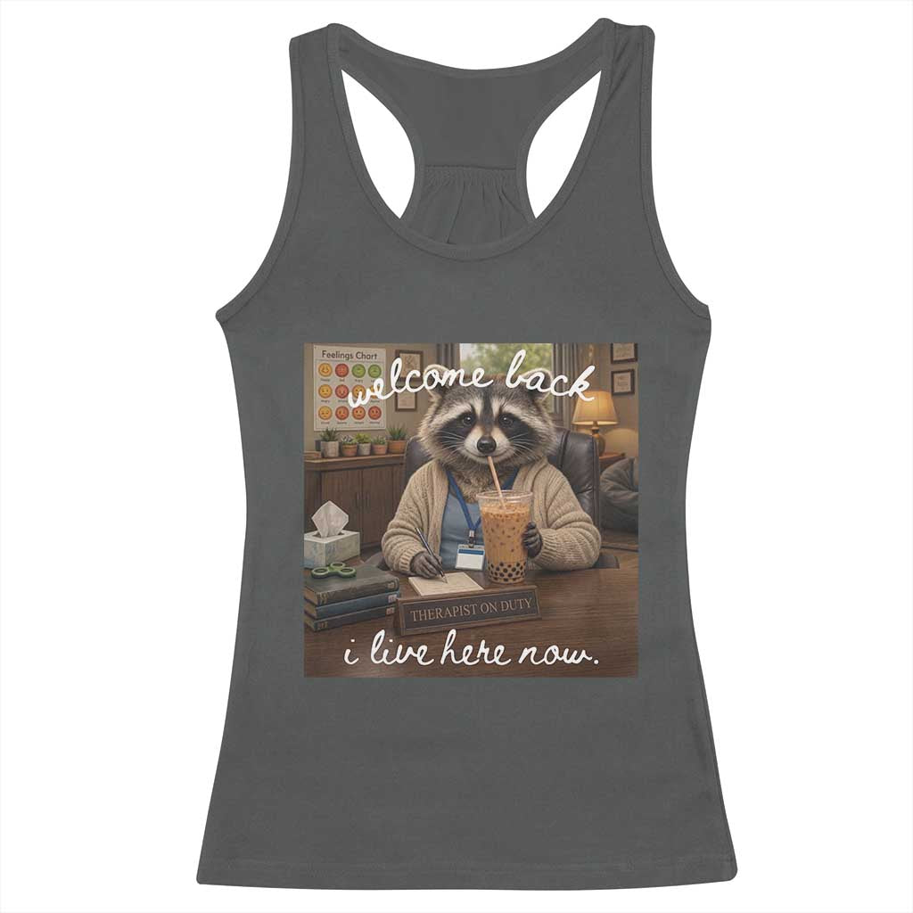 Funny School Therapist Raccoon Drinking Iced Coffee Racerback Tank Top