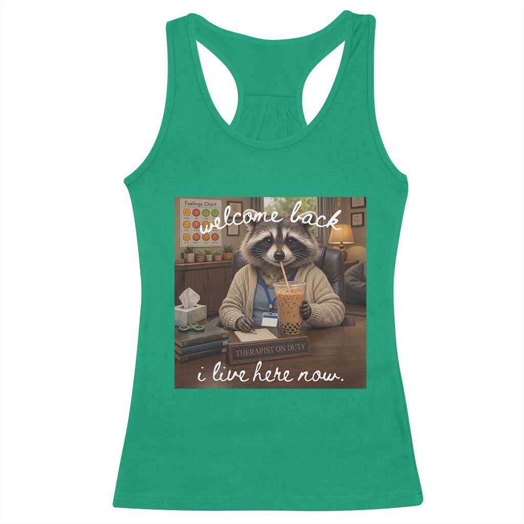 Funny School Therapist Raccoon Drinking Iced Coffee Racerback Tank Top