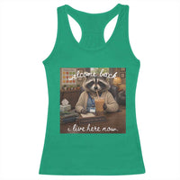 Funny School Therapist Raccoon Drinking Iced Coffee Racerback Tank Top
