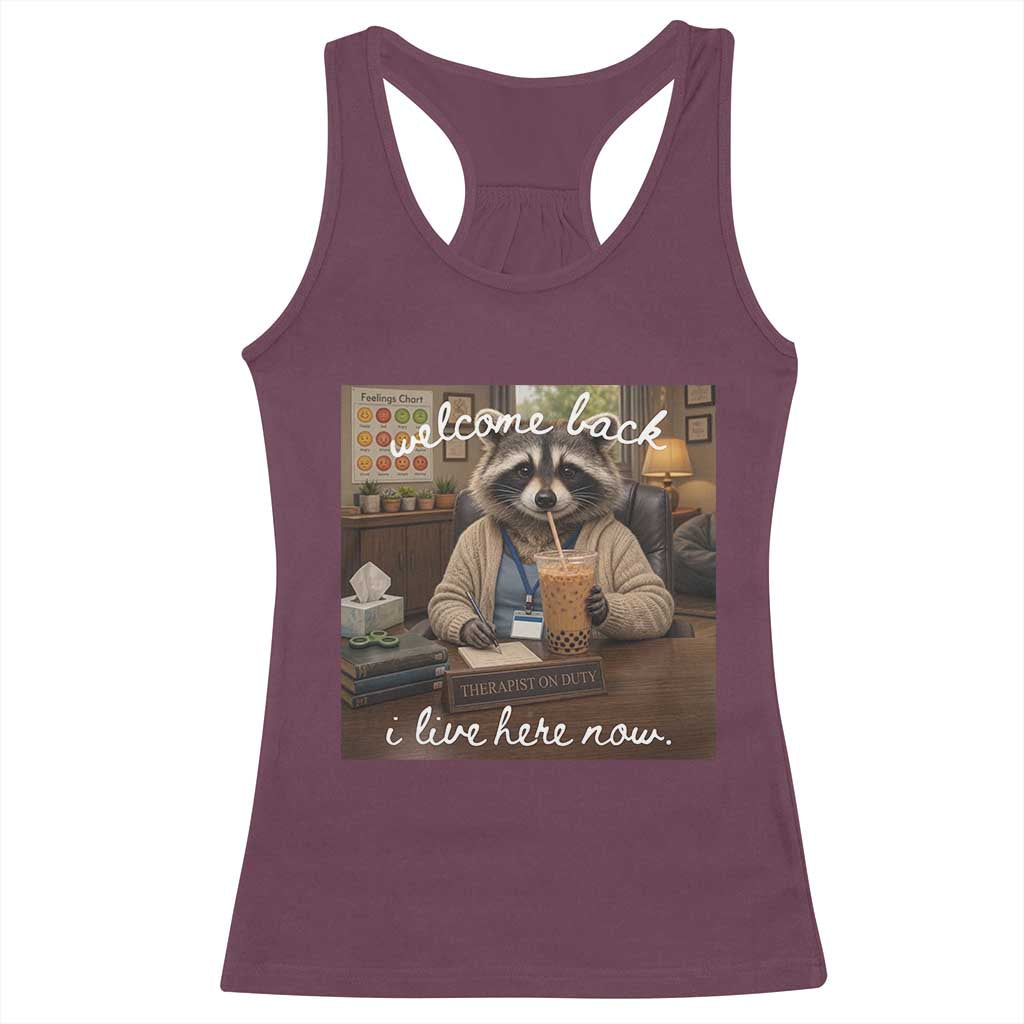 Funny School Therapist Raccoon Drinking Iced Coffee Racerback Tank Top