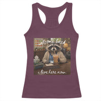 Funny School Therapist Raccoon Drinking Iced Coffee Racerback Tank Top