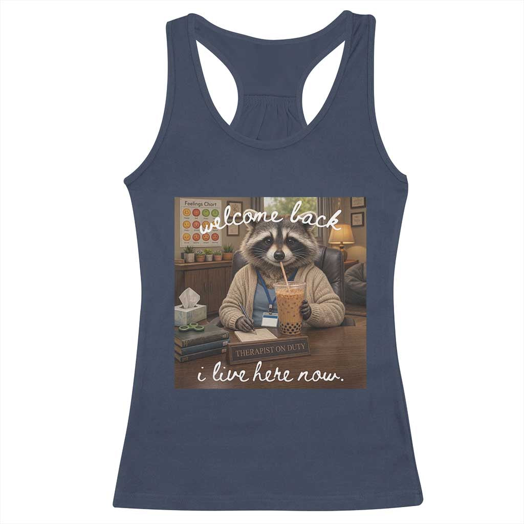 Funny School Therapist Raccoon Drinking Iced Coffee Racerback Tank Top