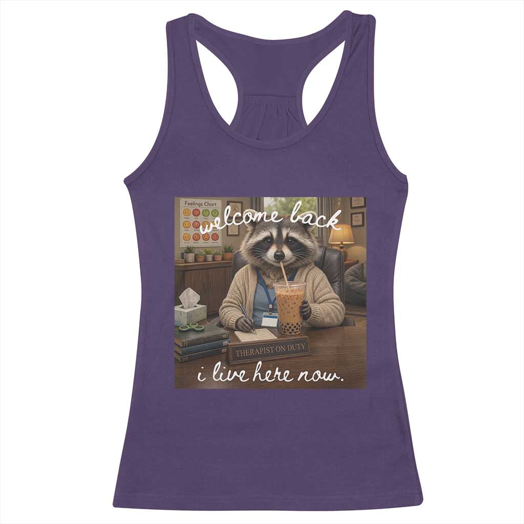 Funny School Therapist Raccoon Drinking Iced Coffee Racerback Tank Top