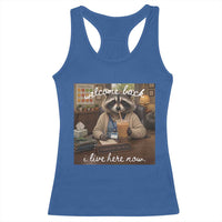 Funny School Therapist Raccoon Drinking Iced Coffee Racerback Tank Top