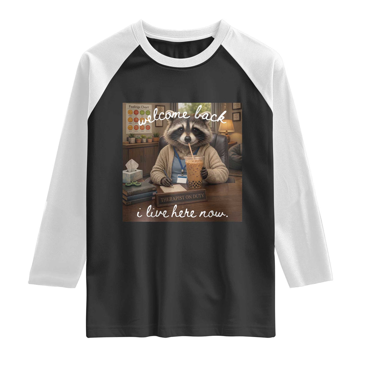 Funny School Therapist Raccoon Drinking Iced Coffee Raglan Shirt