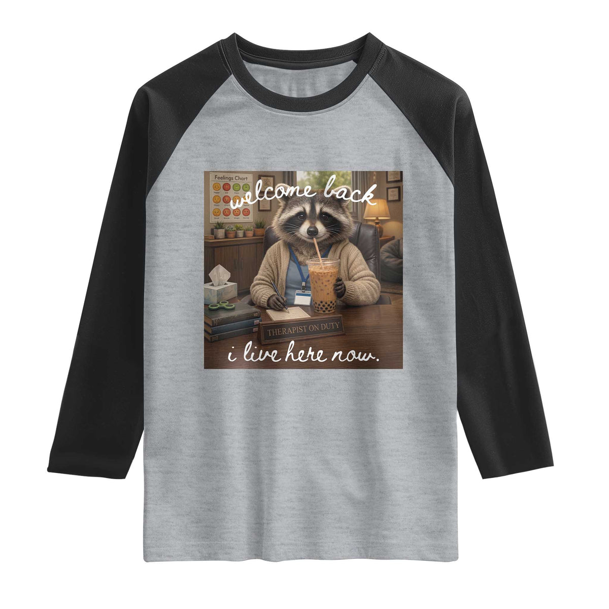 Funny School Therapist Raccoon Drinking Iced Coffee Raglan Shirt