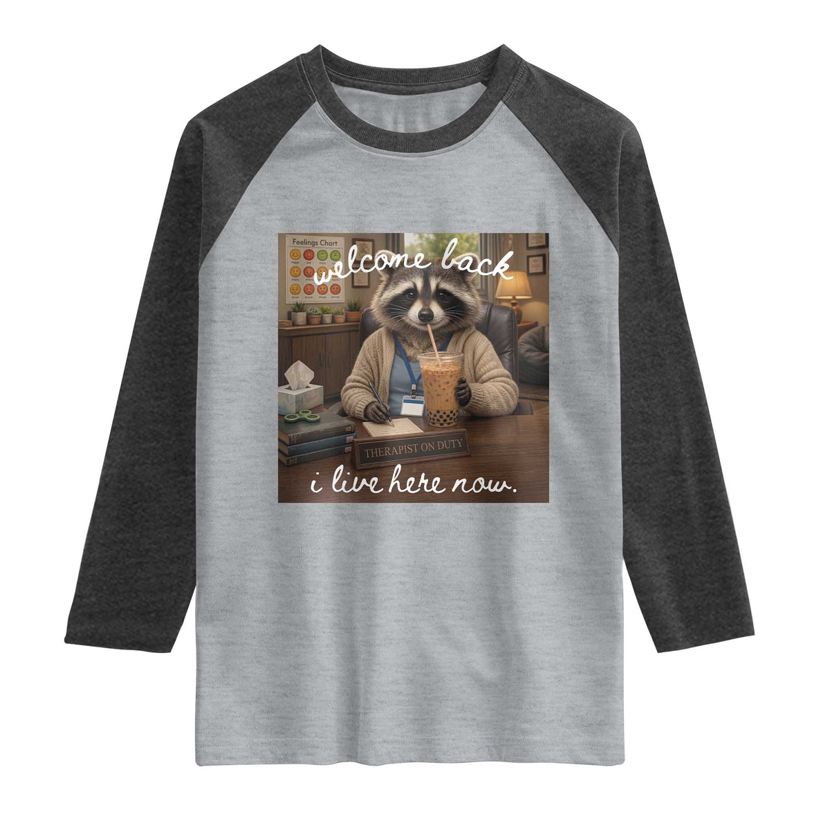 Funny School Therapist Raccoon Drinking Iced Coffee Raglan Shirt
