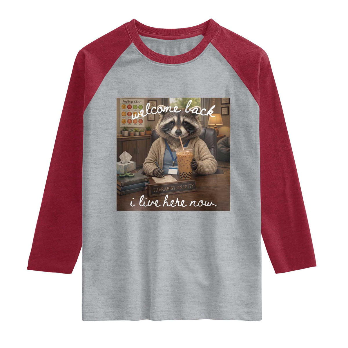 Funny School Therapist Raccoon Drinking Iced Coffee Raglan Shirt