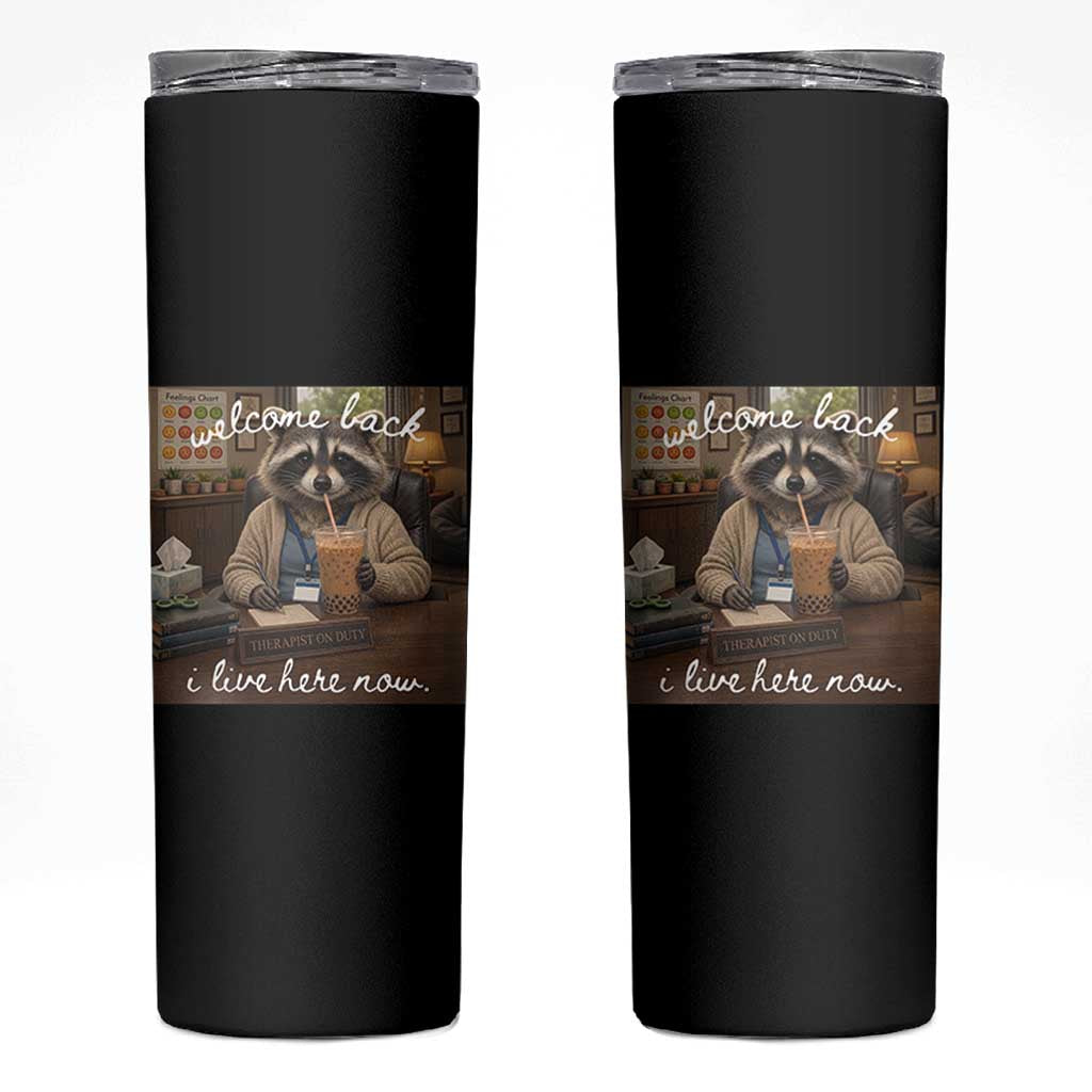 Funny School Therapist Raccoon Drinking Iced Coffee Skinny Tumbler