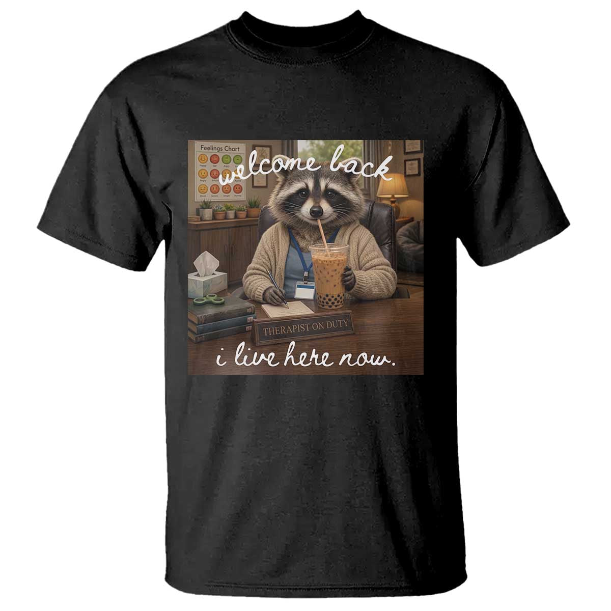 Funny School Therapist Raccoon Drinking Iced Coffee T Shirt