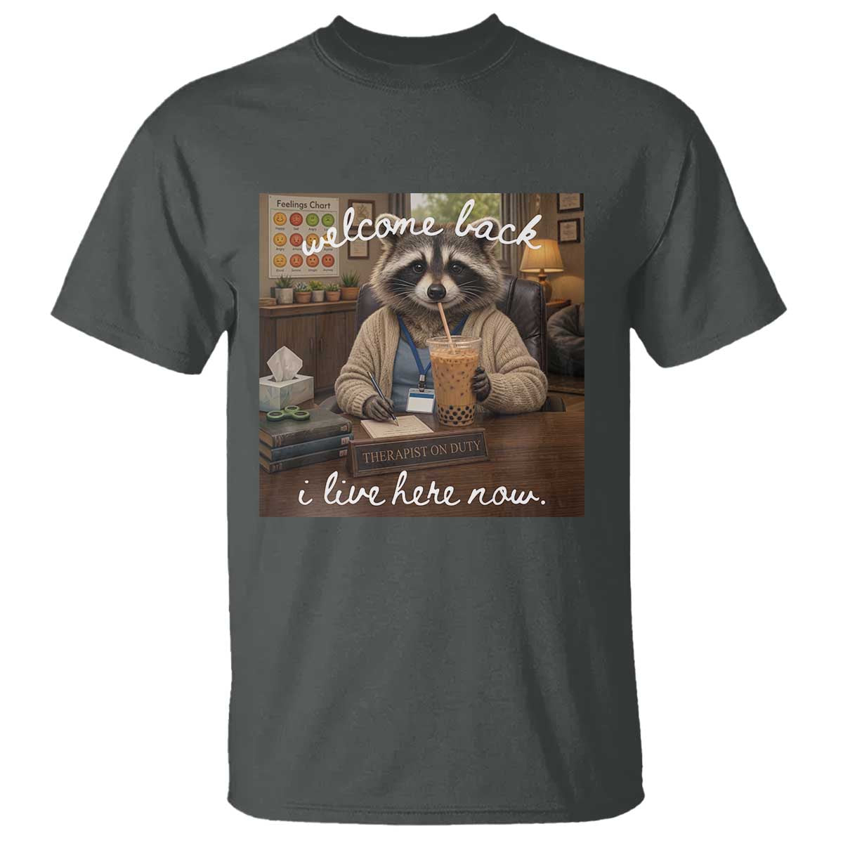 Funny School Therapist Raccoon Drinking Iced Coffee T Shirt