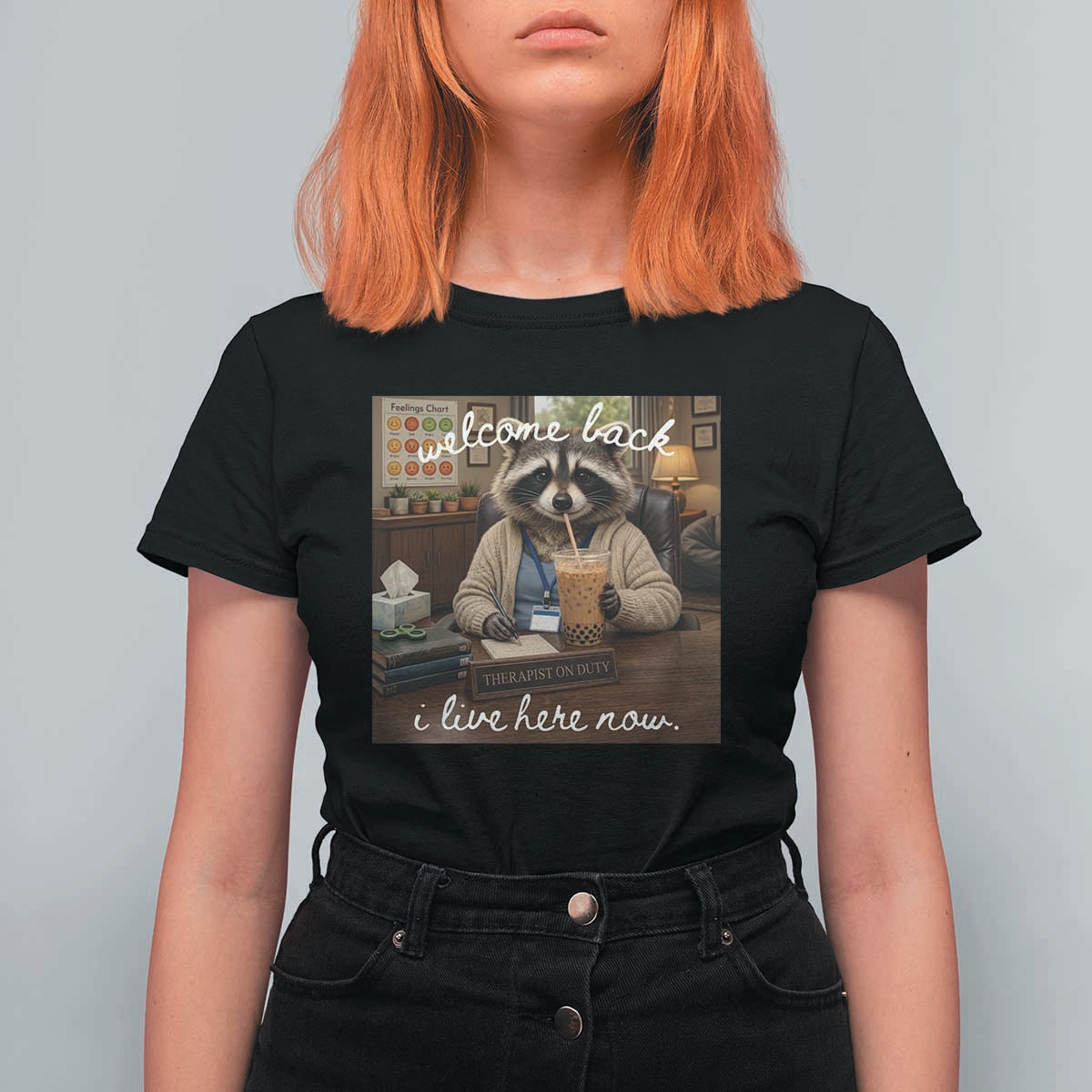 Funny School Therapist Raccoon Drinking Iced Coffee T Shirt For Women