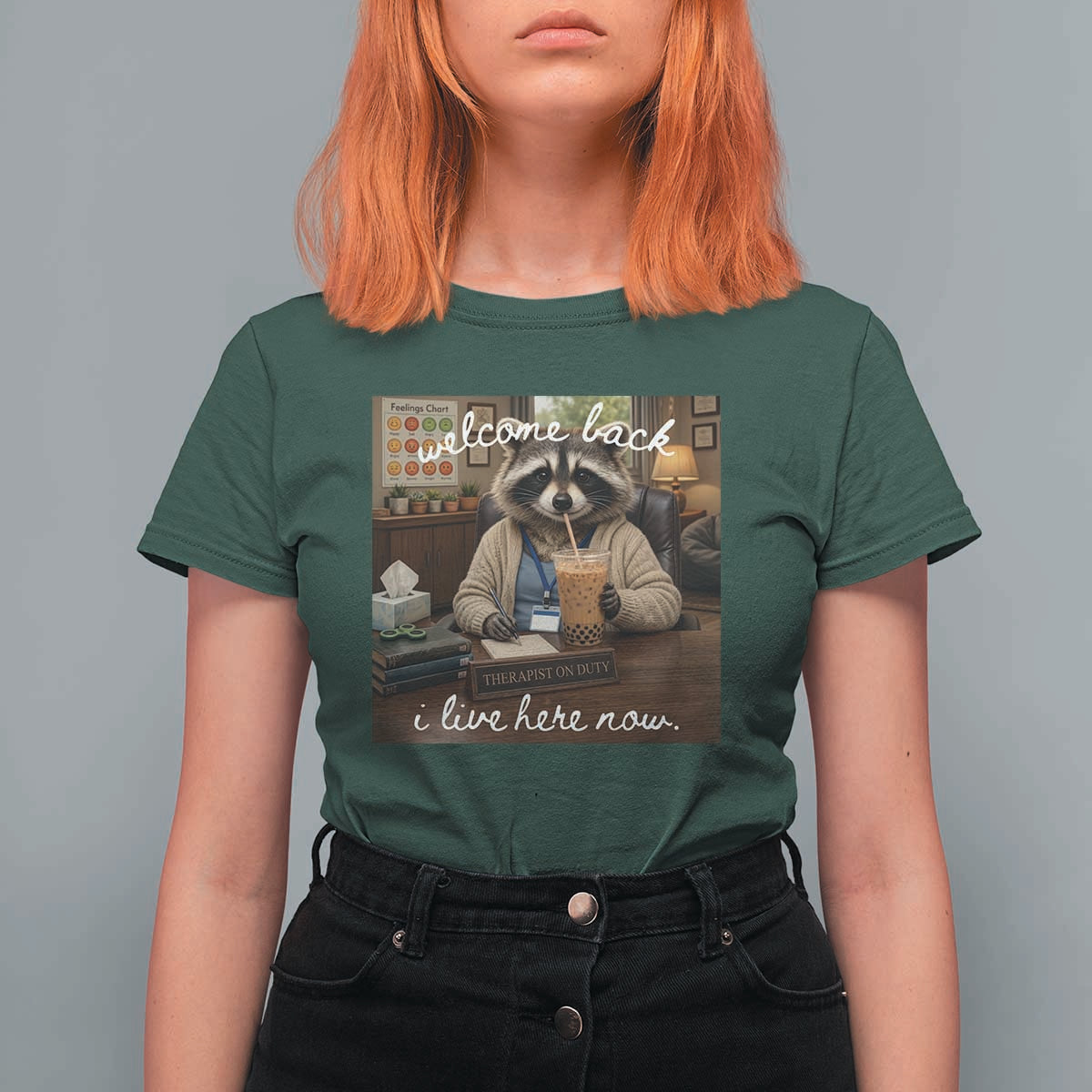 Funny School Therapist Raccoon Drinking Iced Coffee T Shirt For Women