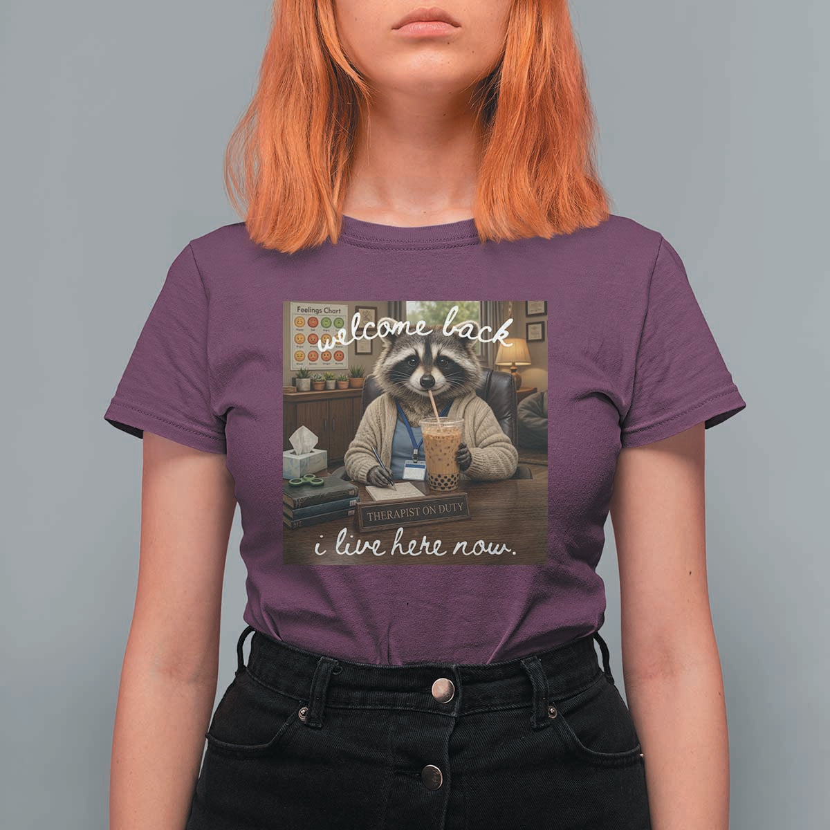 Funny School Therapist Raccoon Drinking Iced Coffee T Shirt For Women