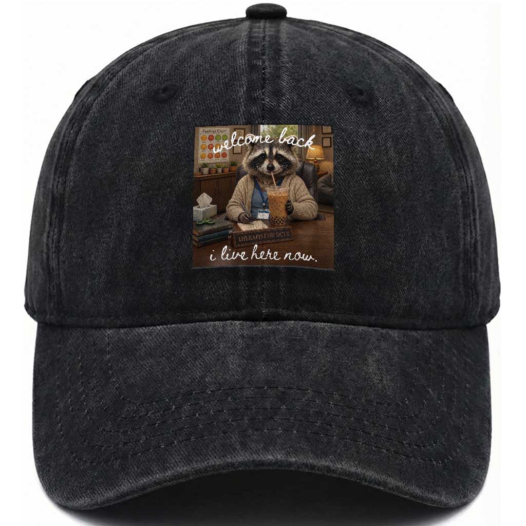 Funny School Therapist Raccoon Drinking Iced Coffee Washed Cotton Baseball Cap