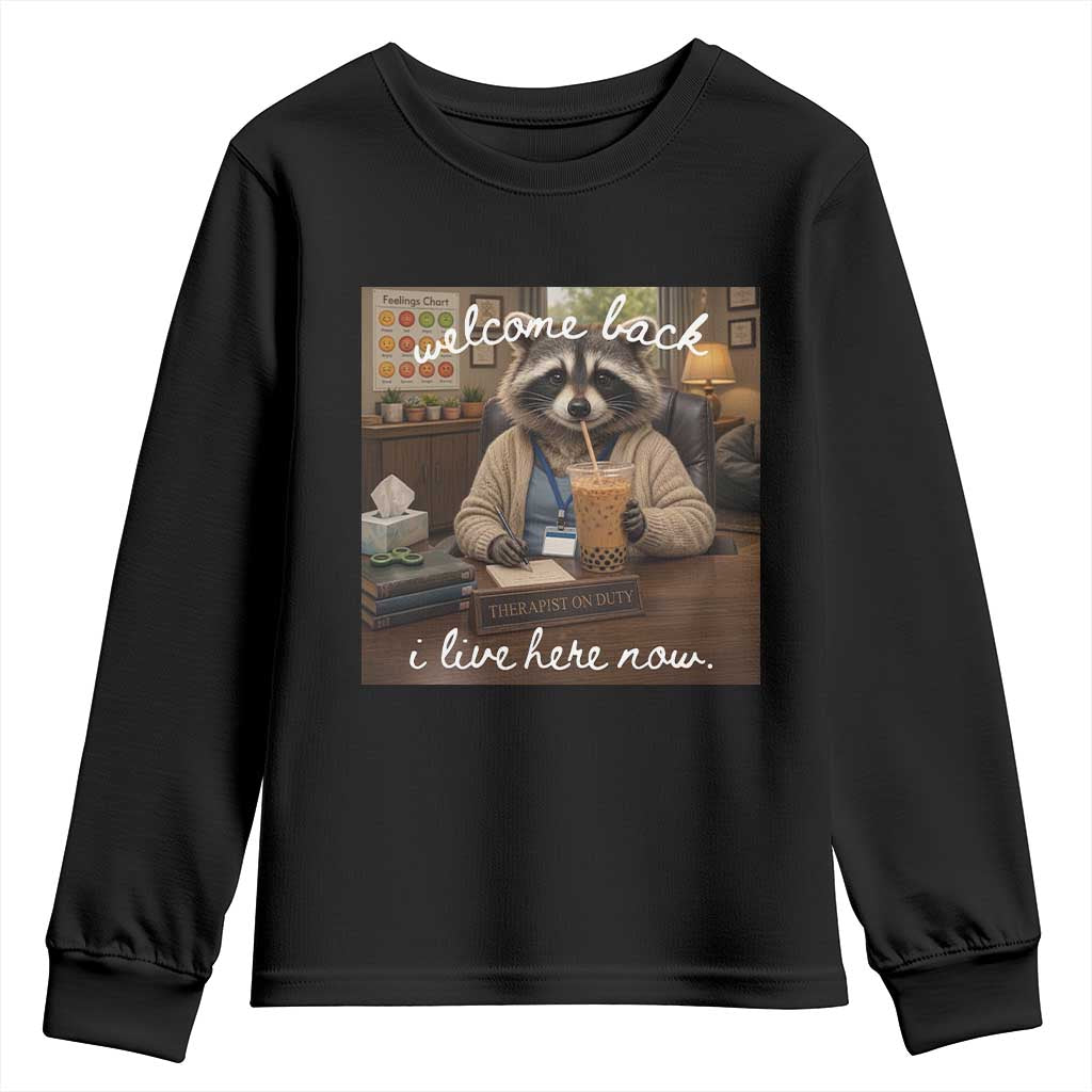 Funny School Therapist Raccoon Drinking Iced Coffee Youth Sweatshirt