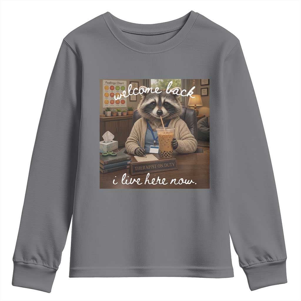 Funny School Therapist Raccoon Drinking Iced Coffee Youth Sweatshirt