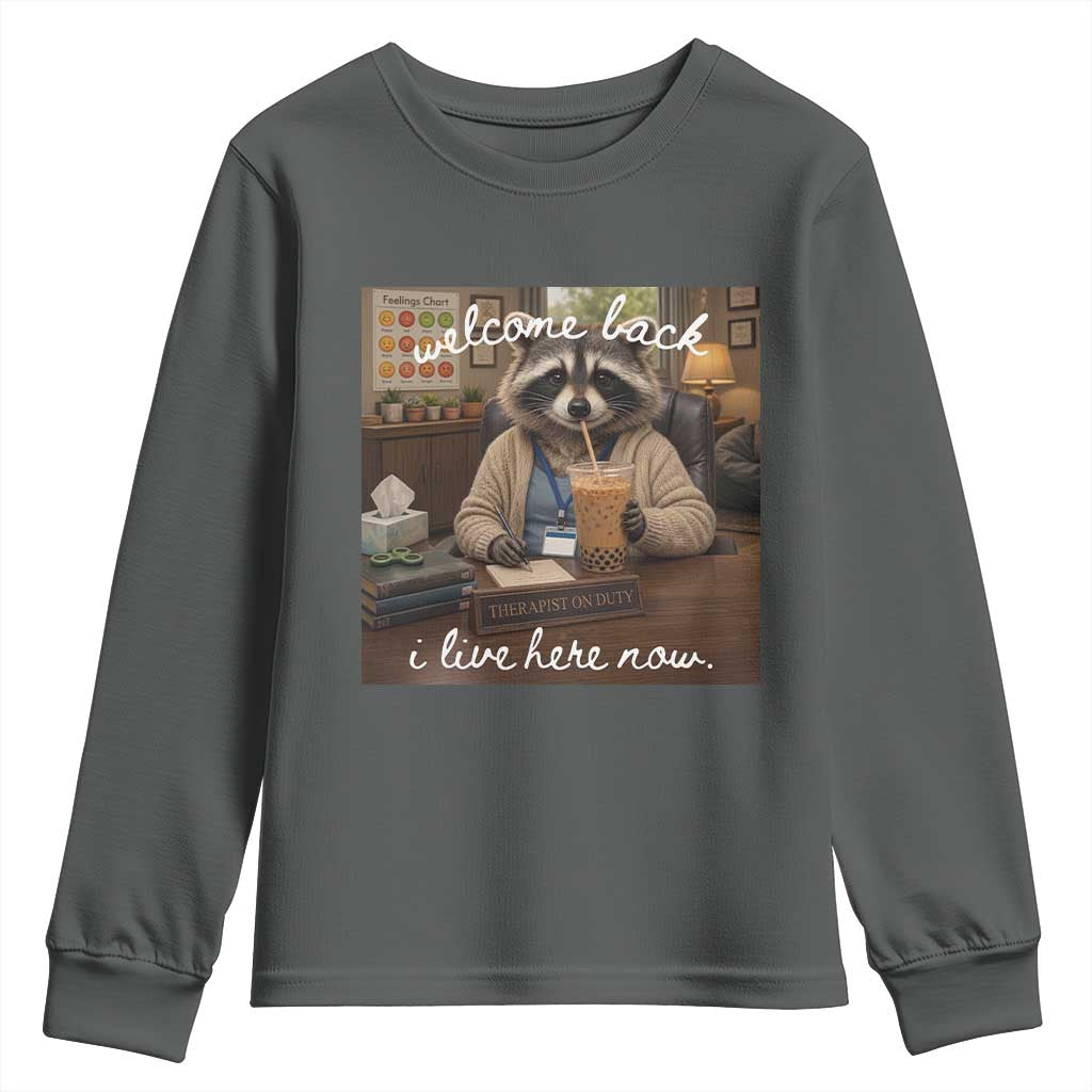 Funny School Therapist Raccoon Drinking Iced Coffee Youth Sweatshirt