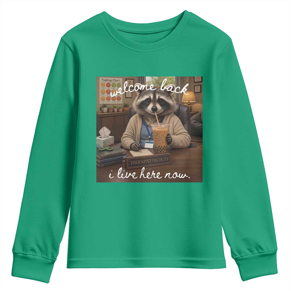 Funny School Therapist Raccoon Drinking Iced Coffee Youth Sweatshirt