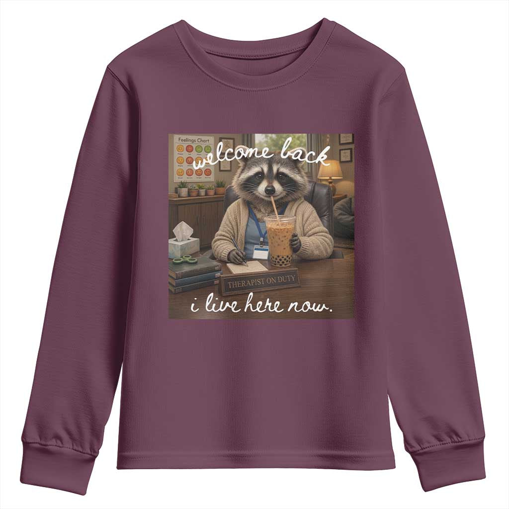 Funny School Therapist Raccoon Drinking Iced Coffee Youth Sweatshirt