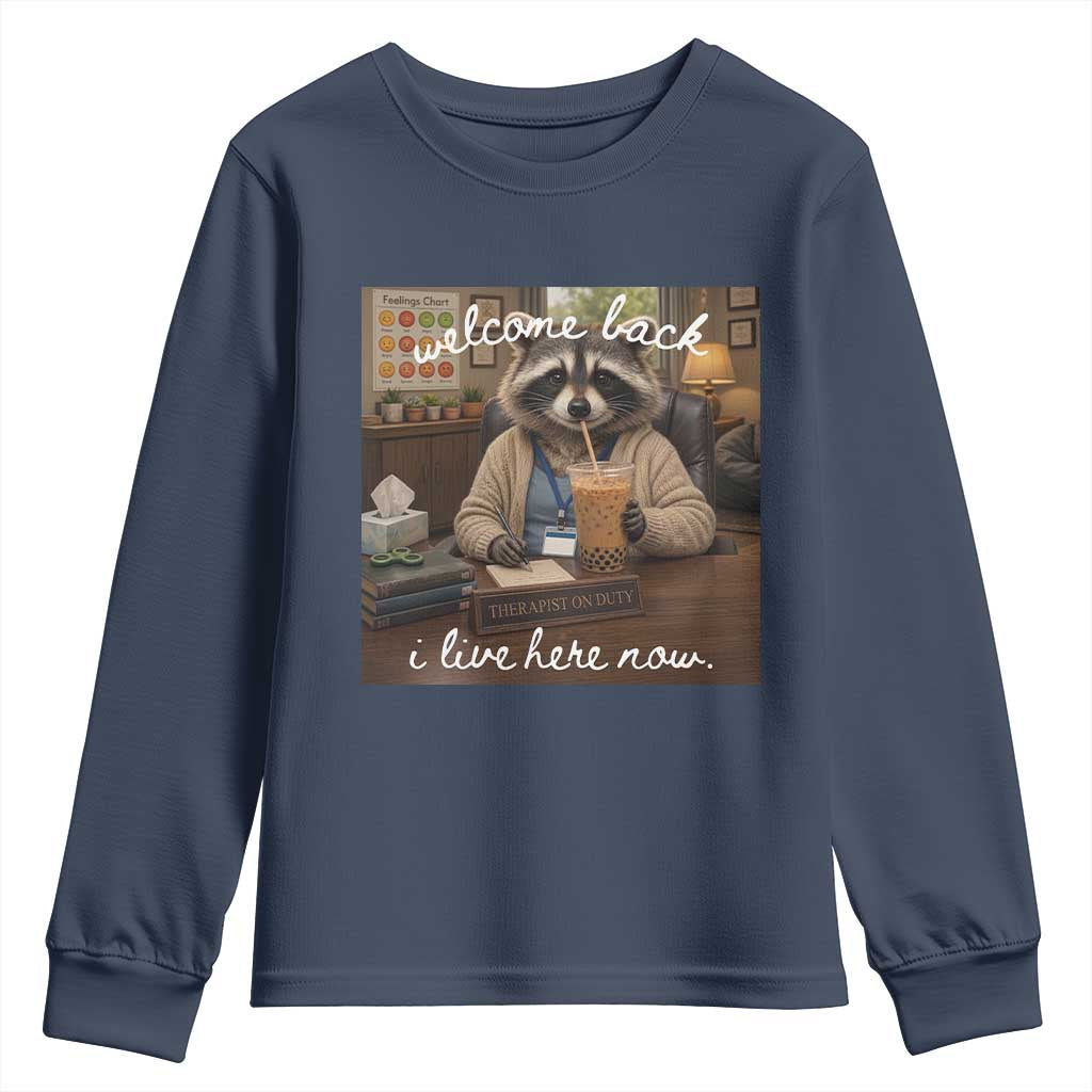 Funny School Therapist Raccoon Drinking Iced Coffee Youth Sweatshirt