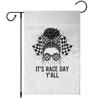 Racing Car Checkered Flag Garden Flag Messy Bun Woman Race Day - Wonder Print Shop