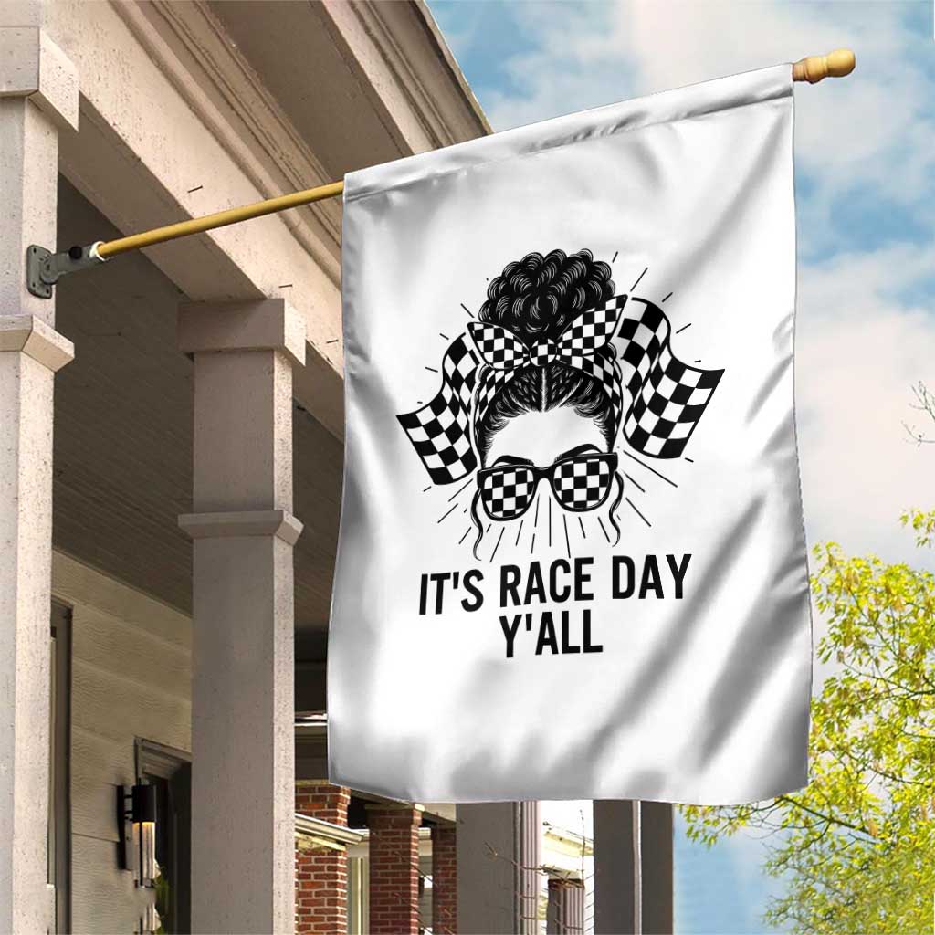 Racing Car Checkered Flag Garden Flag Messy Bun Woman Race Day - Wonder Print Shop
