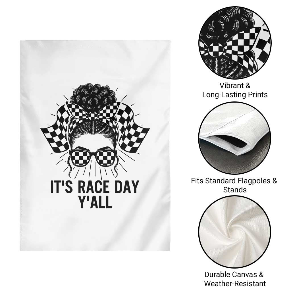 Racing Car Checkered Flag Garden Flag Messy Bun Woman Race Day - Wonder Print Shop