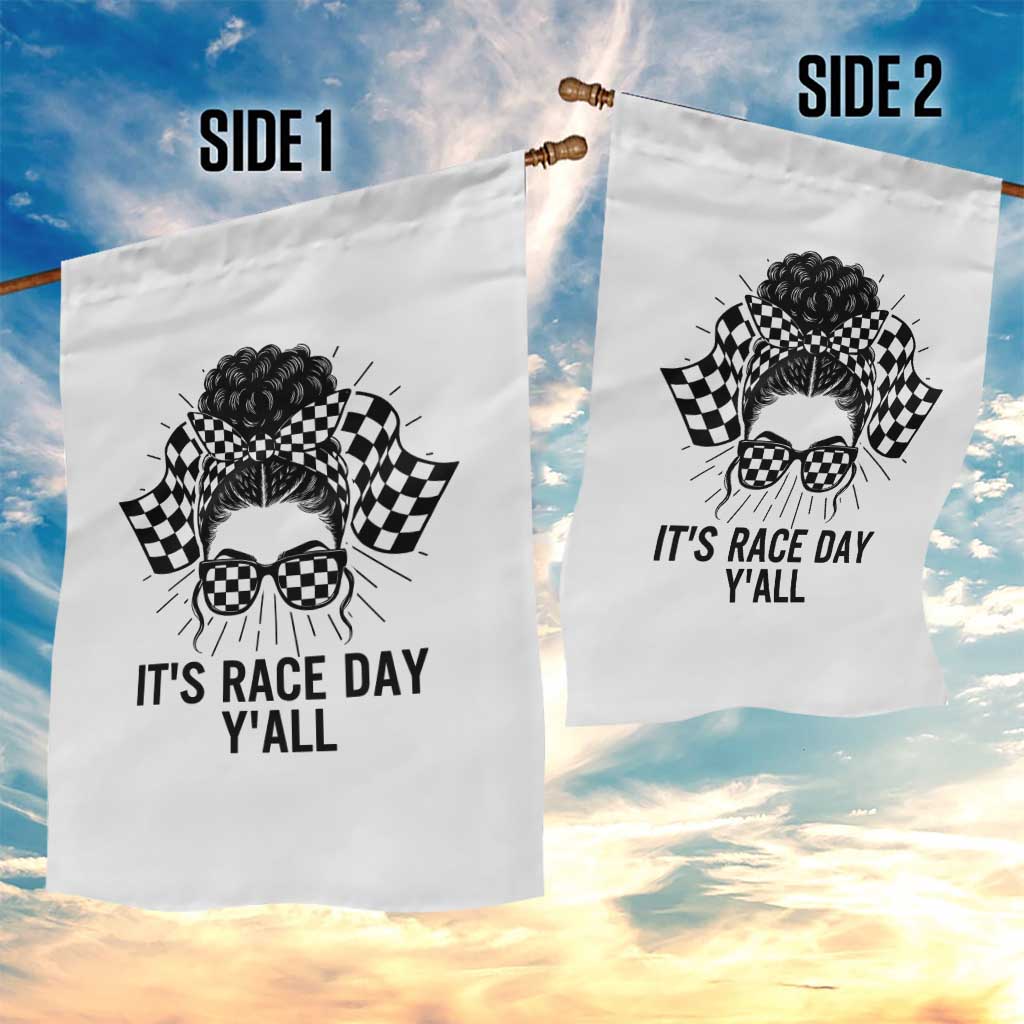 Racing Car Checkered Flag Garden Flag Messy Bun Woman Race Day - Wonder Print Shop