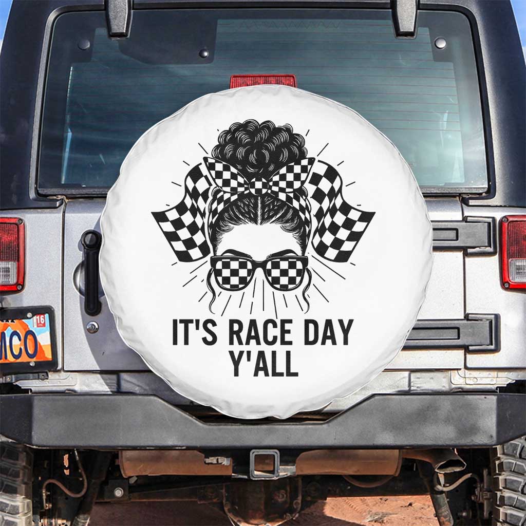 Racing Car Checkered Flag Spare Tire Cover Messy Bun Woman Race Day - Wonder Print Shop