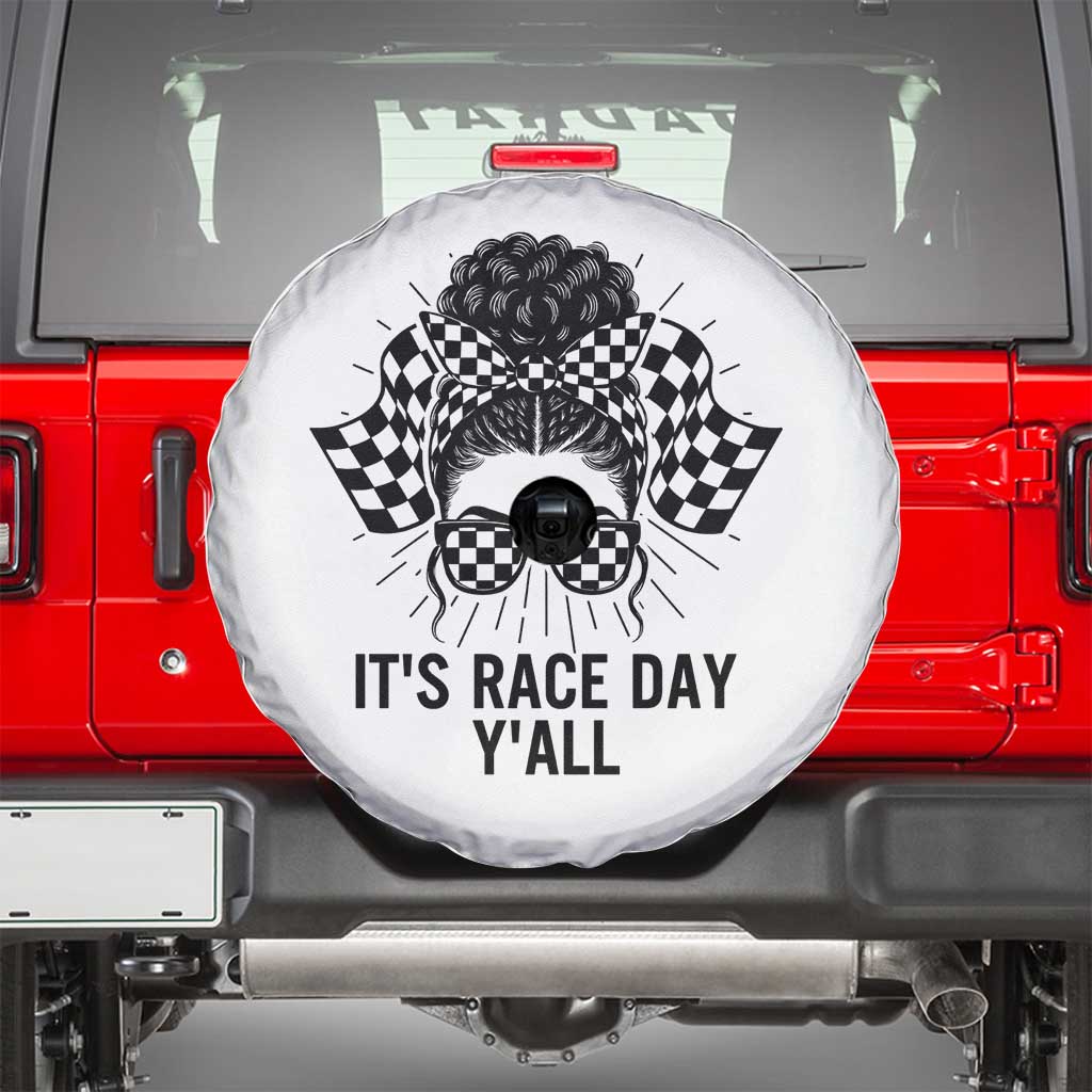 Racing Car Checkered Flag Spare Tire Cover Messy Bun Woman Race Day - Wonder Print Shop