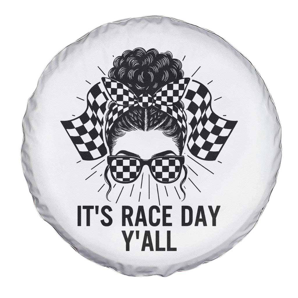 Racing Car Checkered Flag Spare Tire Cover Messy Bun Woman Race Day - Wonder Print Shop