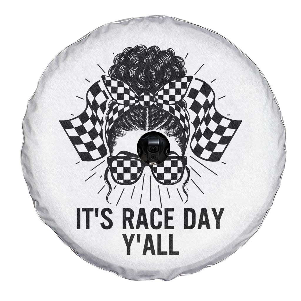 Racing Car Checkered Flag Spare Tire Cover Messy Bun Woman Race Day - Wonder Print Shop