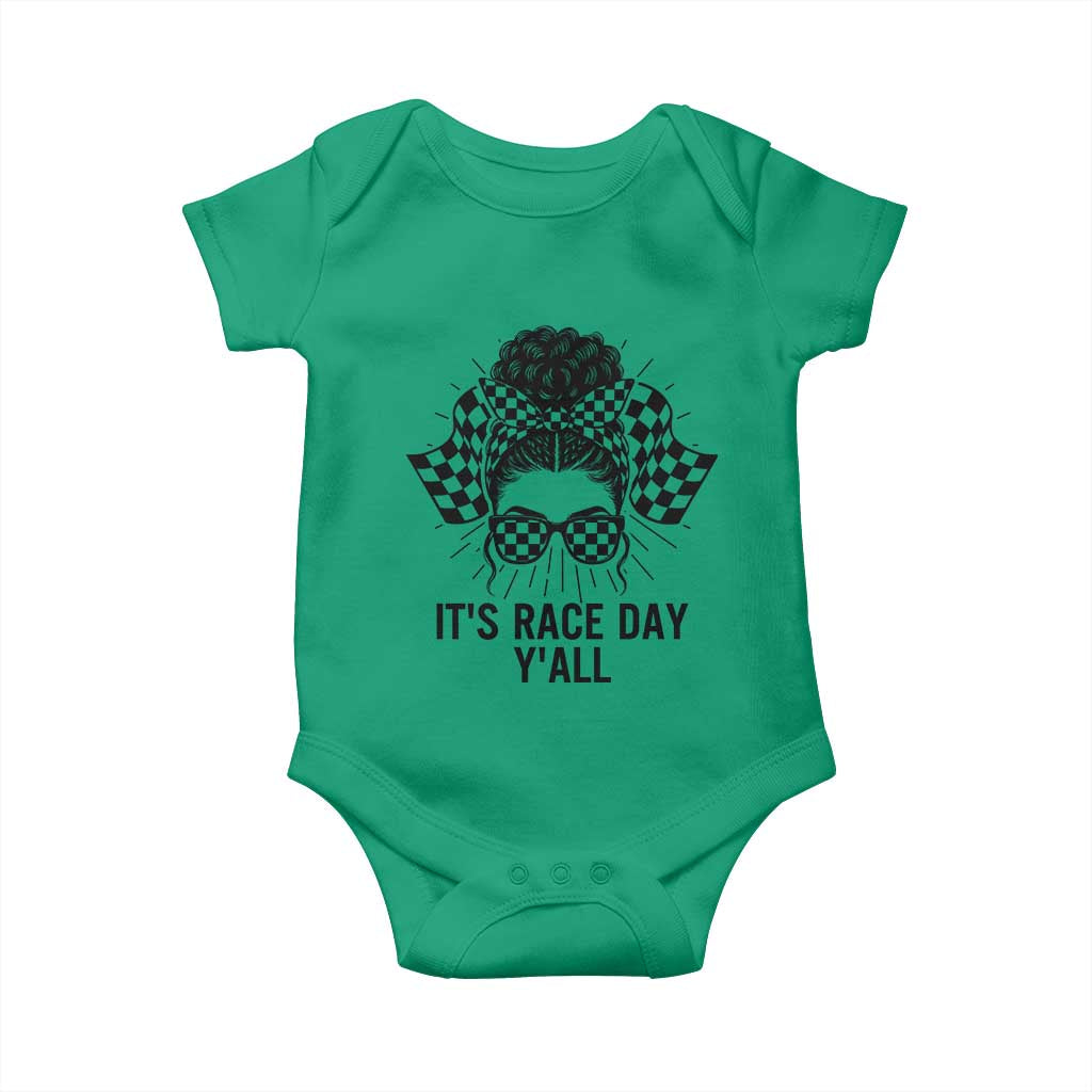 Racing Car Checkered Flag Baby Onesie Messy Bun Woman Race Day - Wonder Print Shop