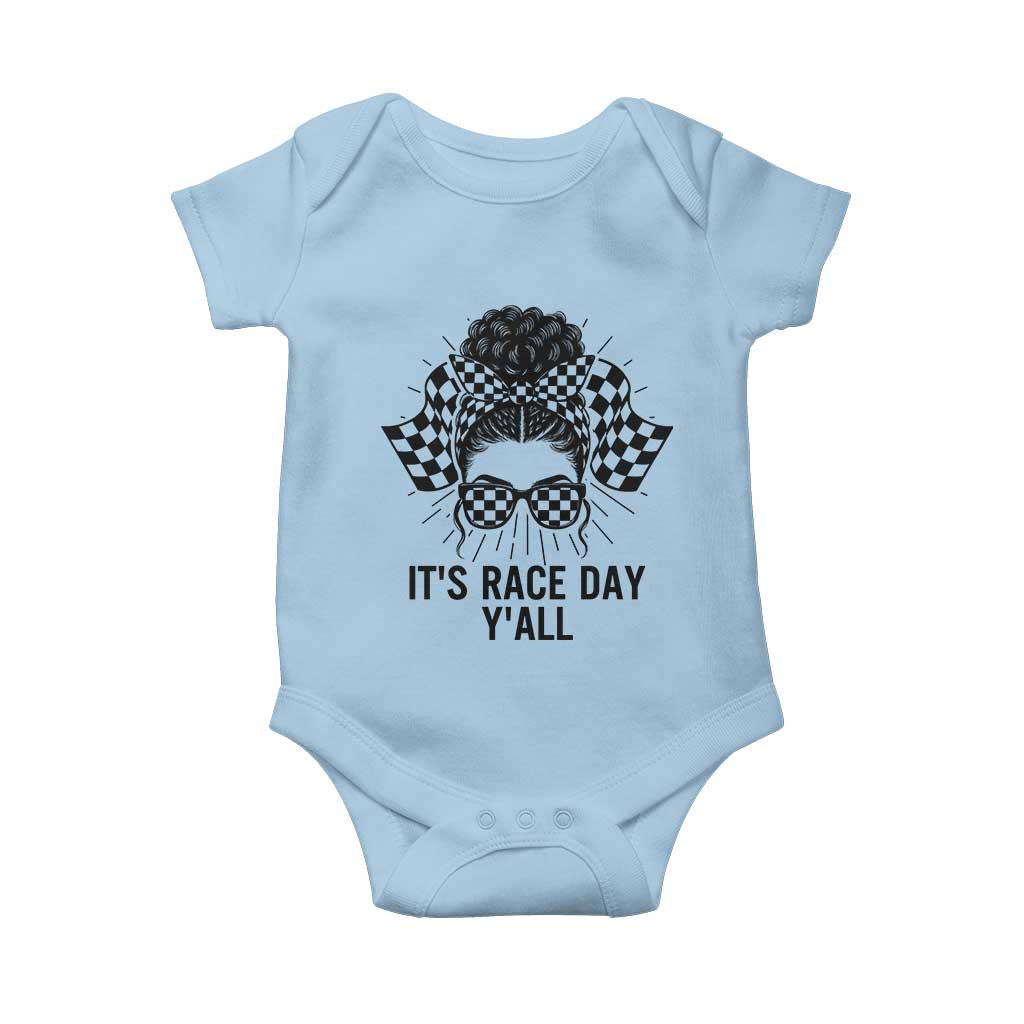 Racing Car Checkered Flag Baby Onesie Messy Bun Woman Race Day - Wonder Print Shop