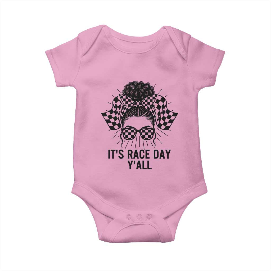Racing Car Checkered Flag Baby Onesie Messy Bun Woman Race Day - Wonder Print Shop
