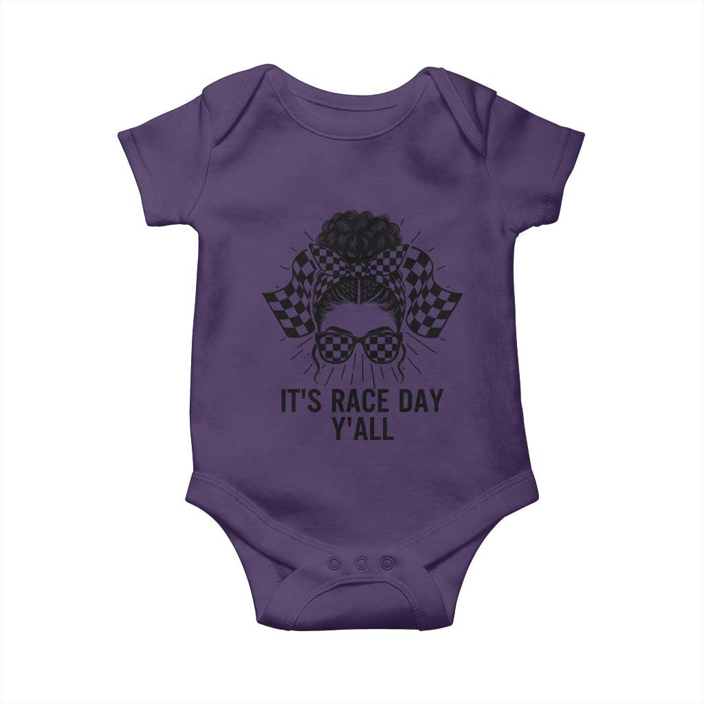 Racing Car Checkered Flag Baby Onesie Messy Bun Woman Race Day - Wonder Print Shop