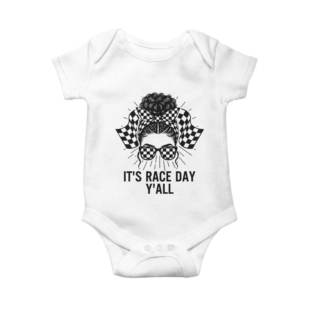 Racing Car Checkered Flag Baby Onesie Messy Bun Woman Race Day - Wonder Print Shop