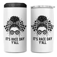 Racing Car Checkered Flag 4 in 1 Can Cooler Tumbler Messy Bun Woman Race Day
