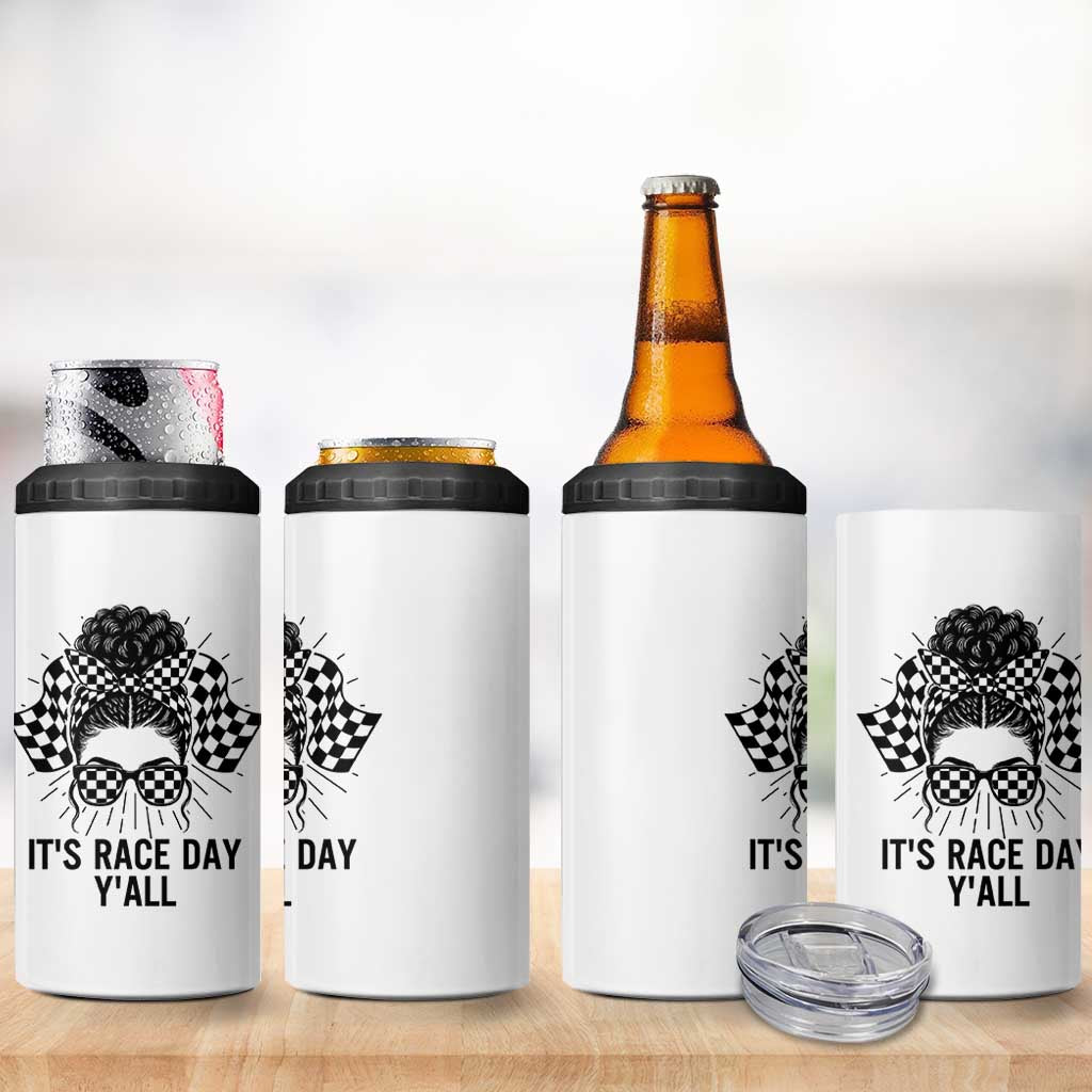 Racing Car Checkered Flag 4 in 1 Can Cooler Tumbler Messy Bun Woman Race Day