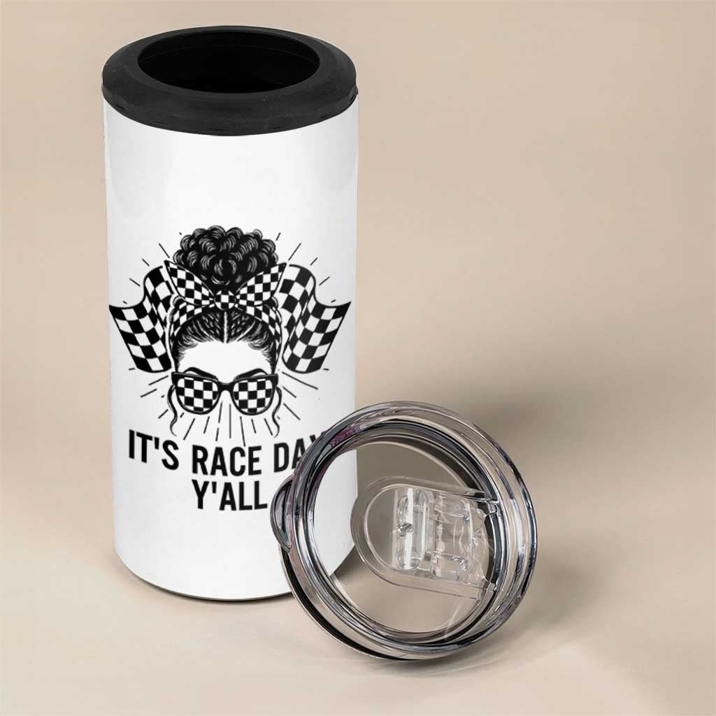 Racing Car Checkered Flag 4 in 1 Can Cooler Tumbler Messy Bun Woman Race Day