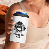 Racing Car Checkered Flag 4 in 1 Can Cooler Tumbler Messy Bun Woman Race Day