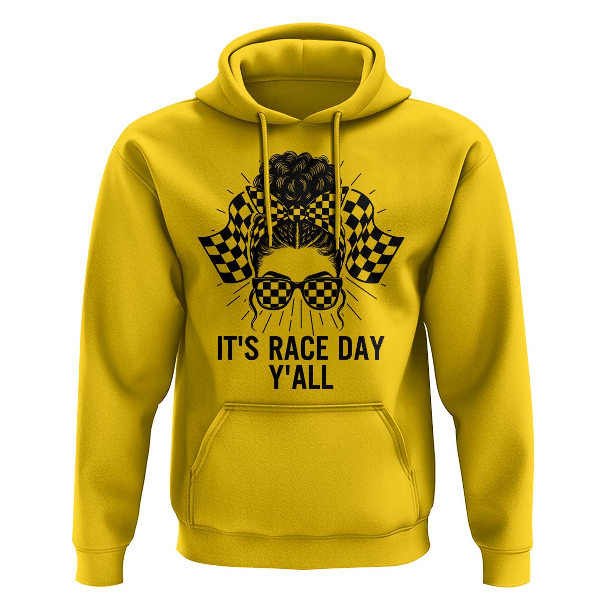Racing Car Checkered Flag Hoodie Messy Bun Woman Race Day - Wonder Print Shop