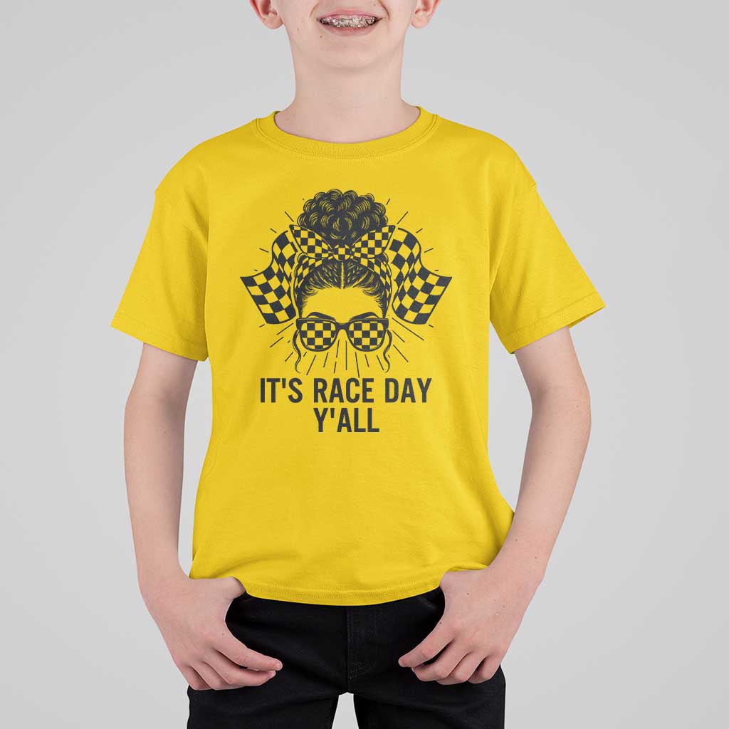 Racing Car Checkered Flag T Shirt For Kid Messy Bun Woman Race Day - Wonder Print Shop