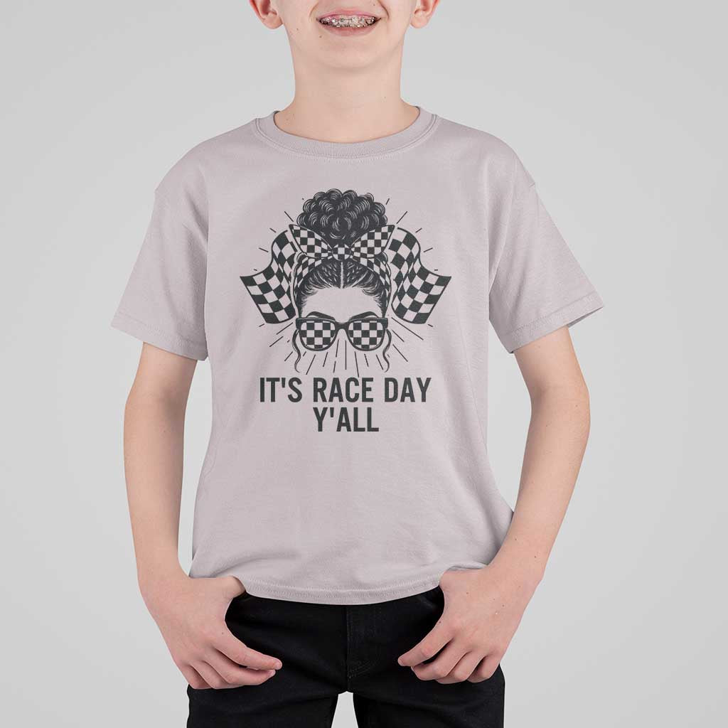 Racing Car Checkered Flag T Shirt For Kid Messy Bun Woman Race Day - Wonder Print Shop