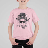 Racing Car Checkered Flag T Shirt For Kid Messy Bun Woman Race Day - Wonder Print Shop